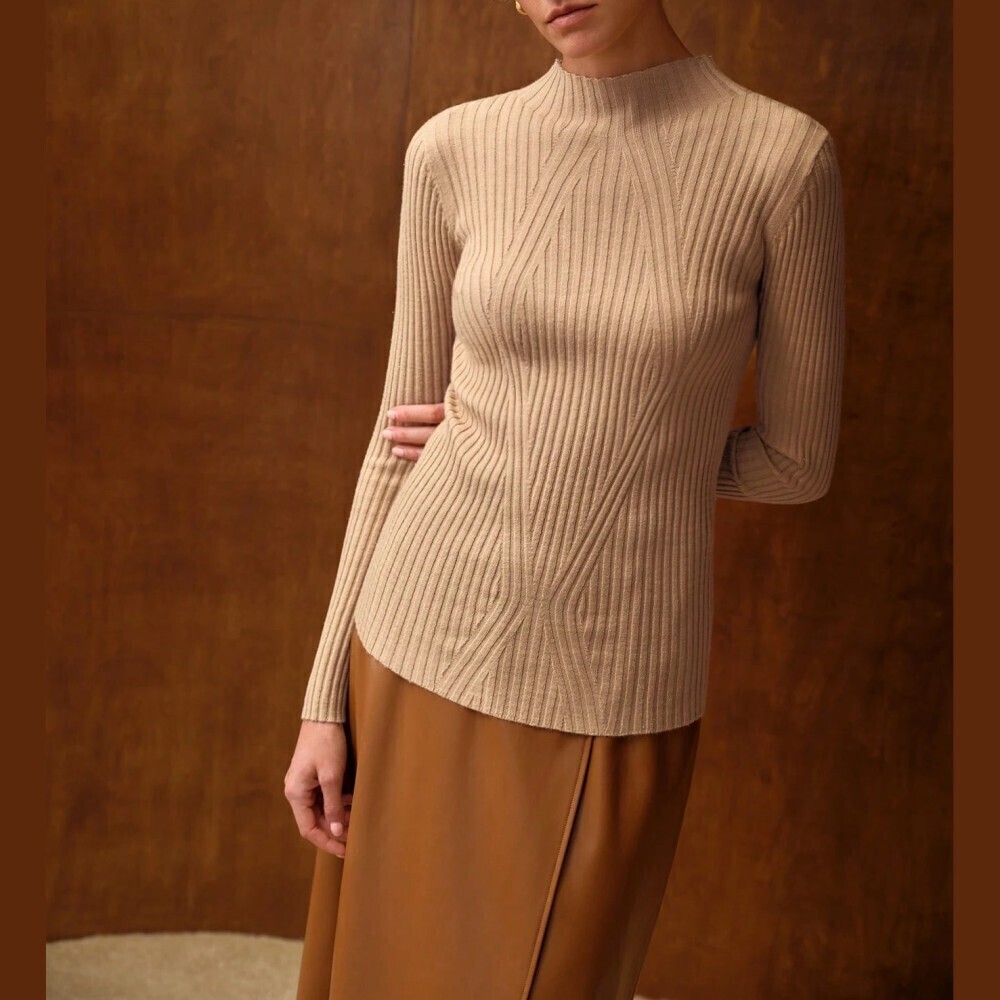 Tan Ribbed Knit Art Deco Sweater with Mock Neck